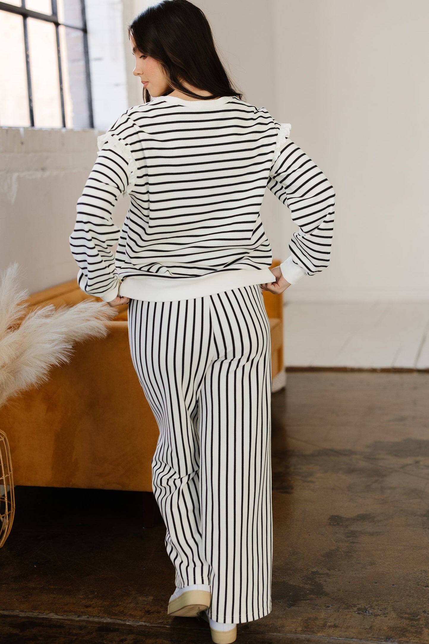 Ruffle Trim Drop Shoulder and Loose Pants Set