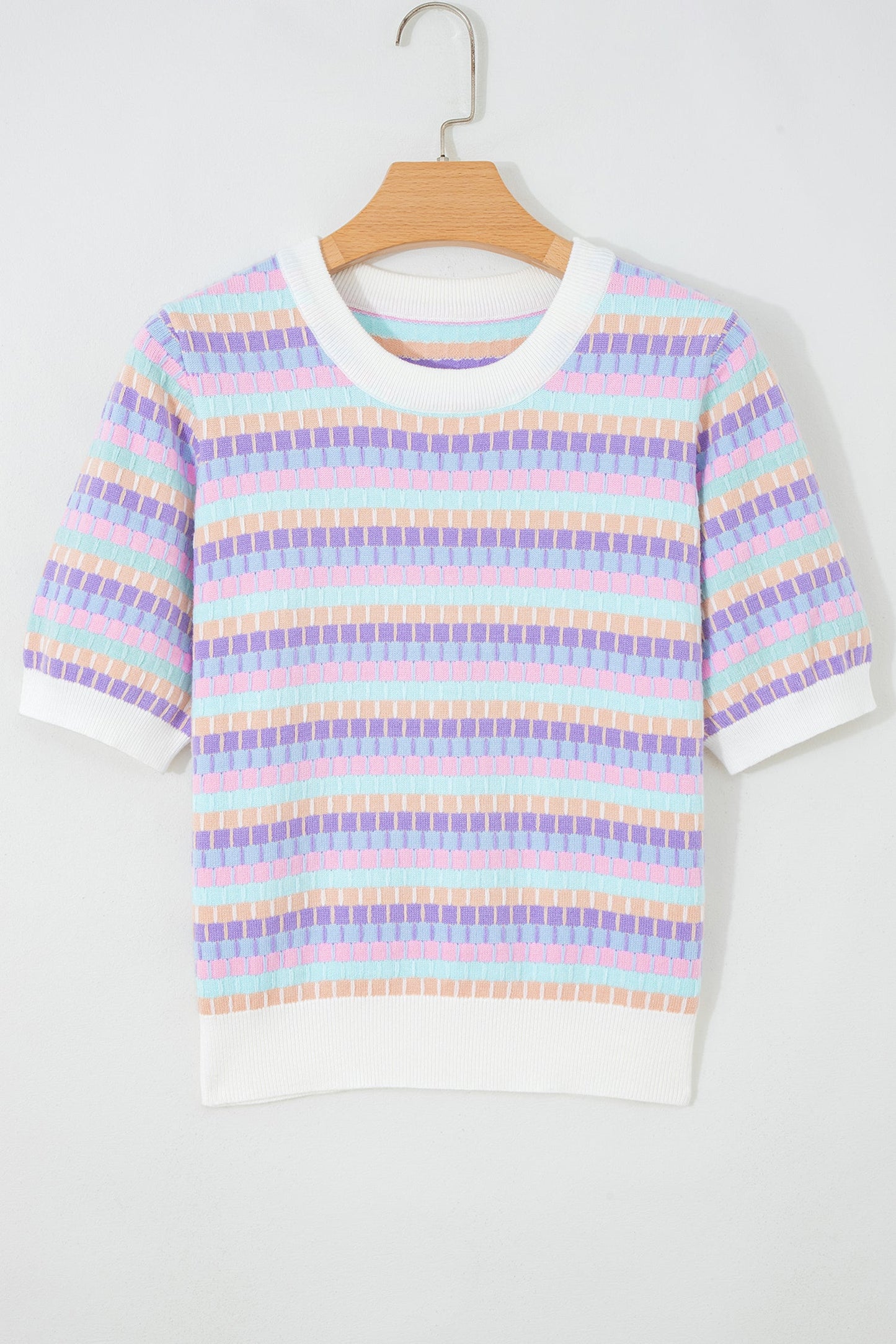 Abstract Stripe Short Sleeve Sweater Knit Top