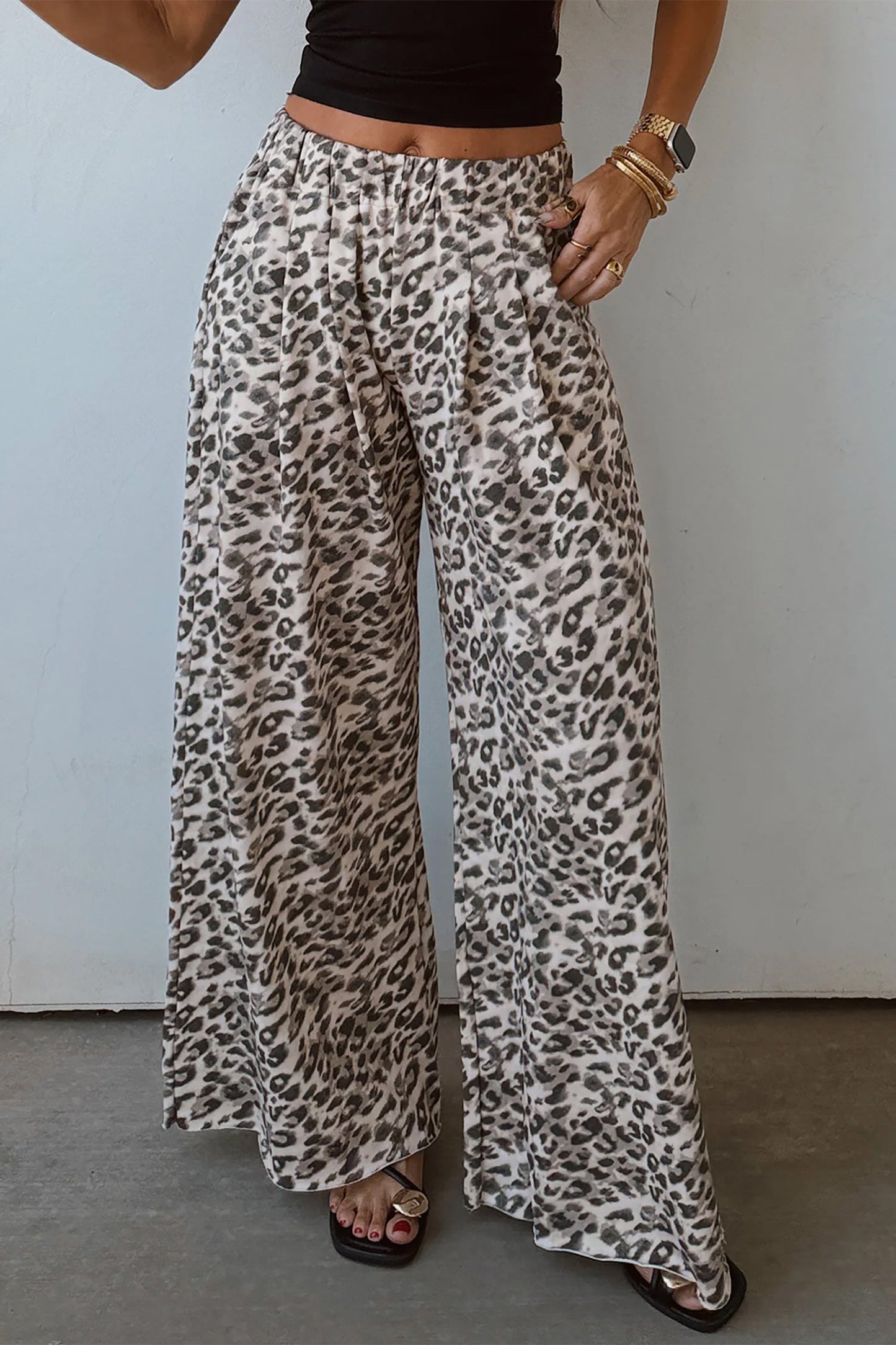 Leopard Elastic Waist Raw Hem Wide Leg Pants