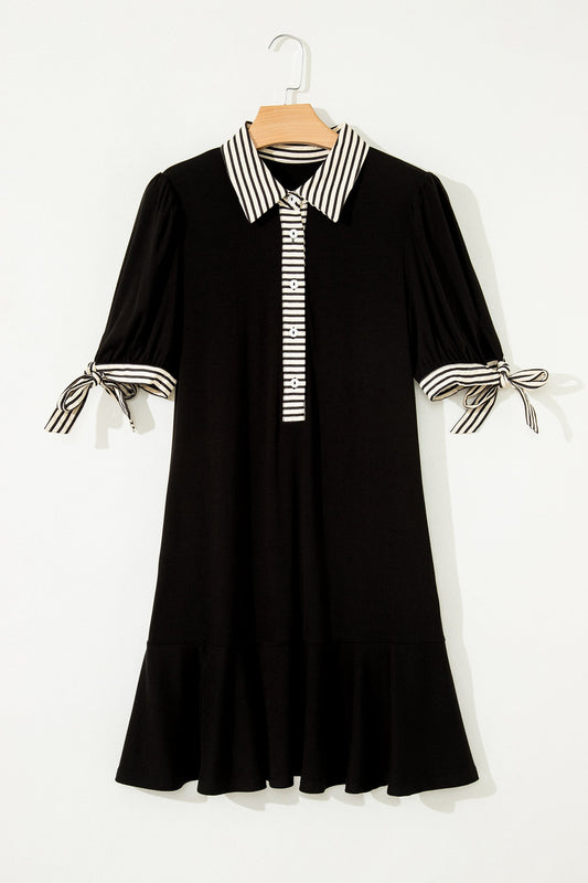Stripe Polo Collar Tied Short Sleeve Mini Dress