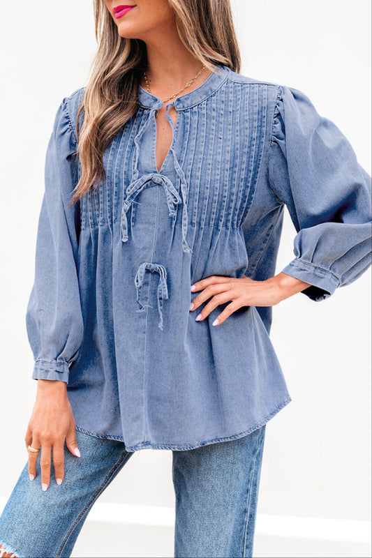 Denim Pleated Bow Tie Top