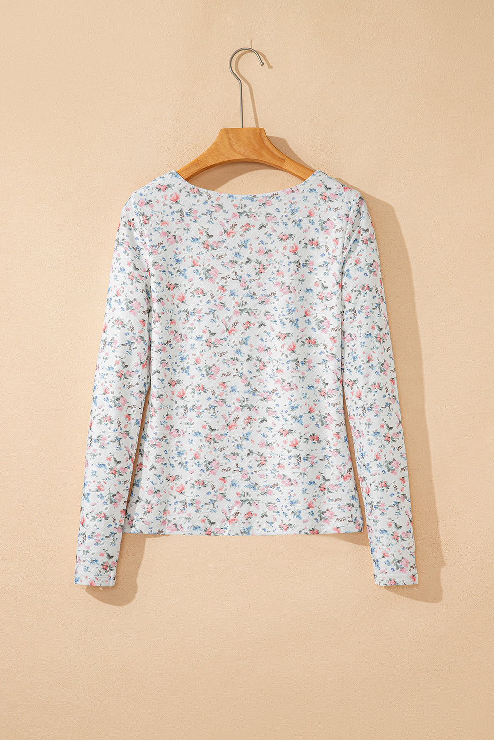 Floral Textured Square Neck Slim Fit Long Sleeve Top