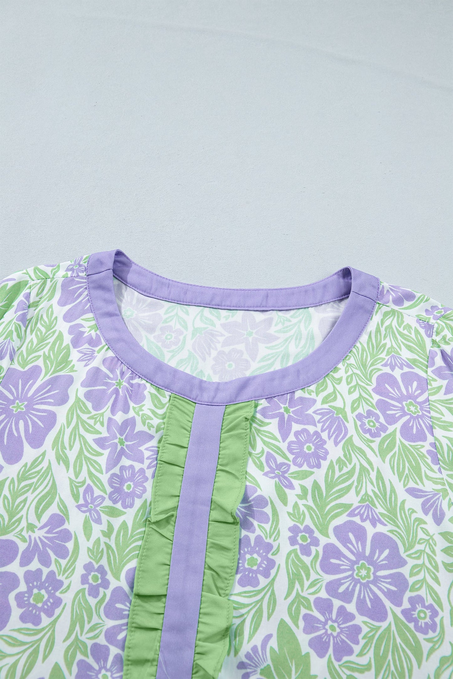 Floral Ruffle Colorblock Trim 3/4 Sleeve Blouse