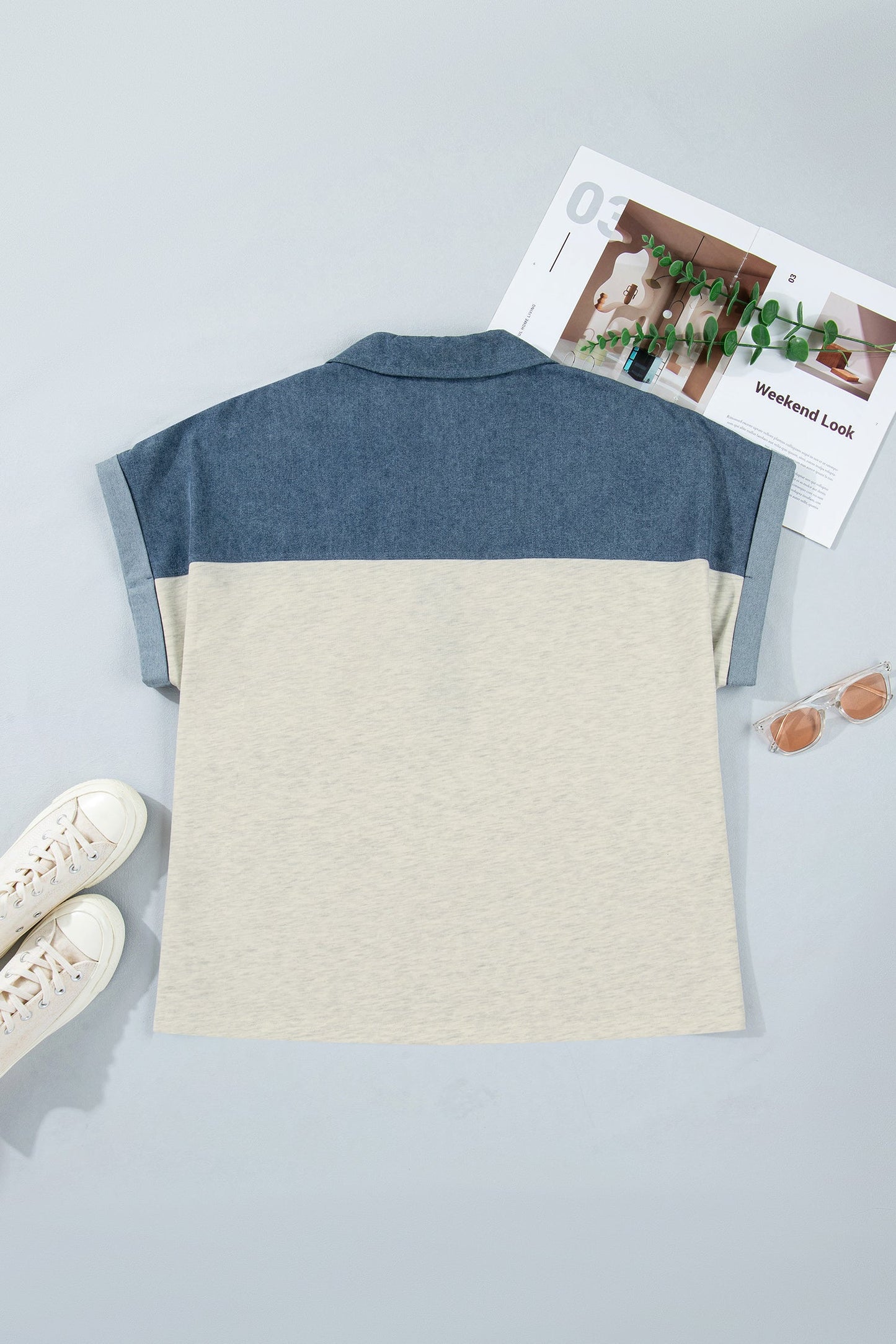 Plus Size Denim Patchwork Half Buttoned Collar Top
