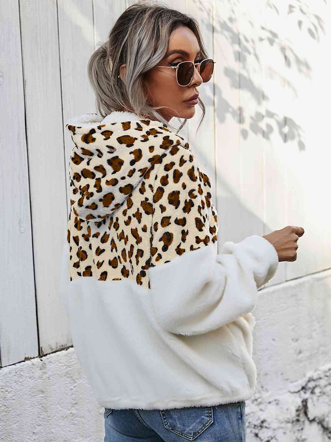 Women Leopard Half-Zip Dropped Shoulder Hoodie