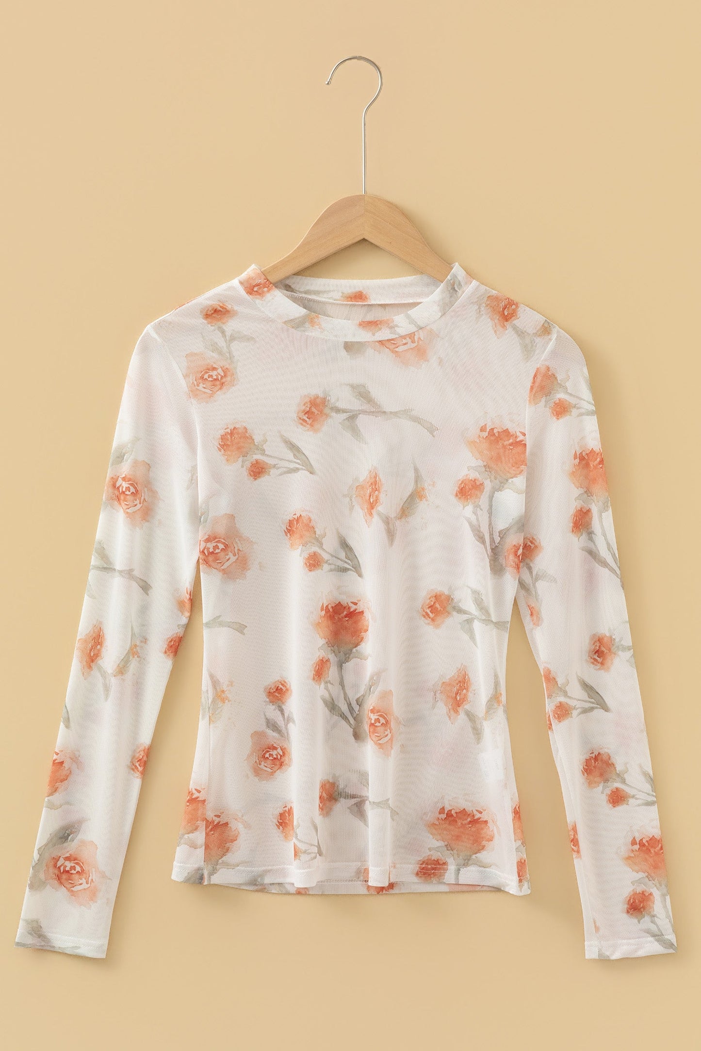 Floral Mesh Round Neck Long Sleeve Top