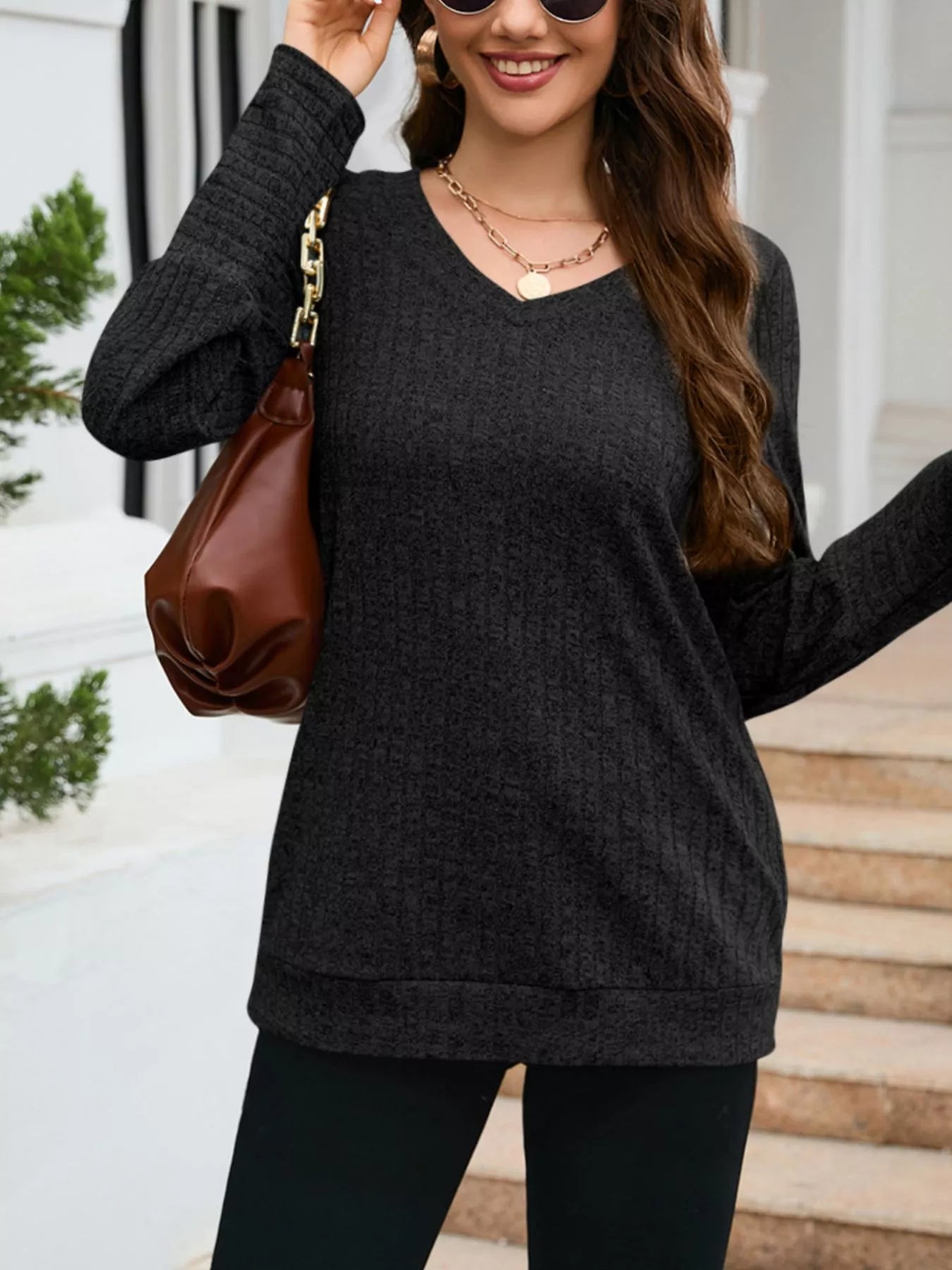 V-Neck Textured Knit Long Sleeve T-Shirt