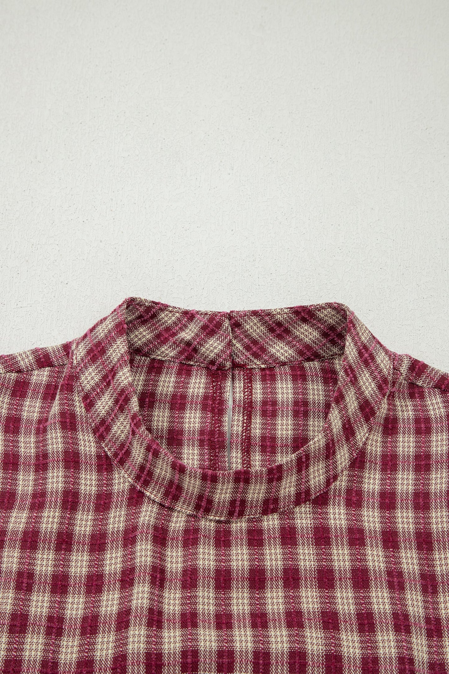Plaid Button Keyhole Pleated Long Sleeve Blouse