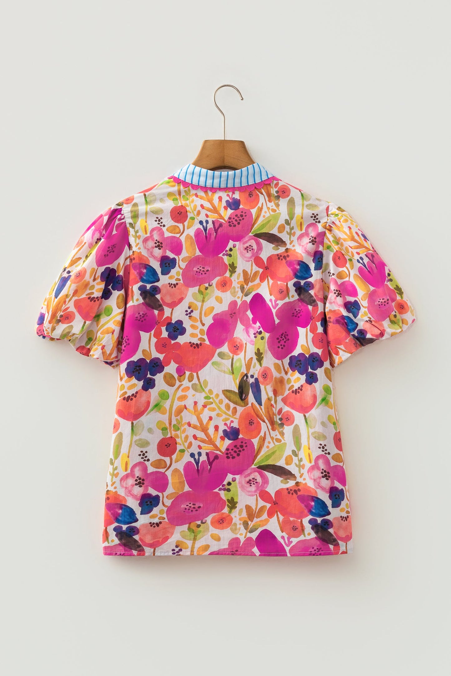 Floral V-Neck Puff Sleeve Cotton Blouse