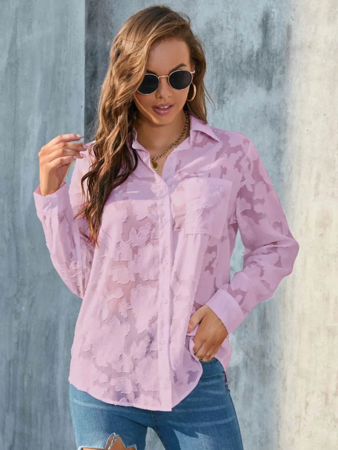 Full Size Collared Neck Long Sleeve Shirt Plus Size