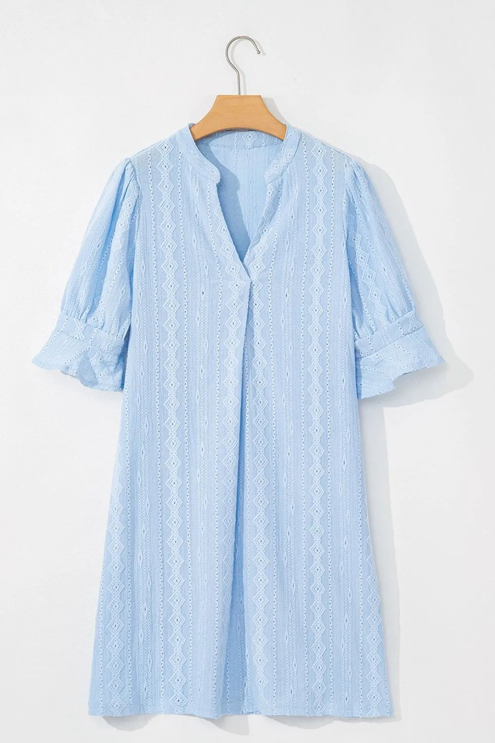Jacquard Texture Flared Short Sleeve Notched Neck Mini Dress