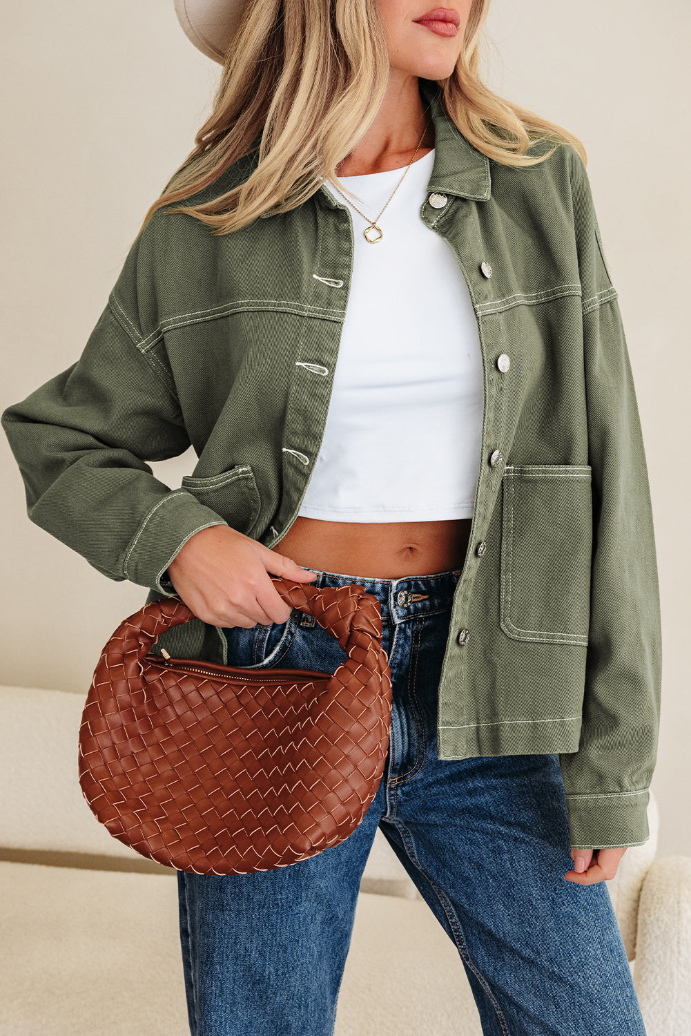 Denim Button-Up Patch Pocket Collared Jacket