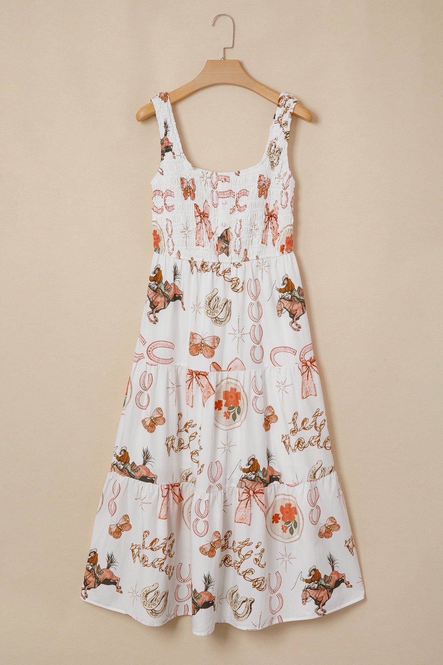 Western Horseshoe Smocked Sleeveless Midi Dress