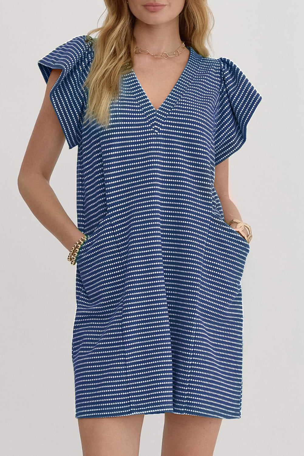 Stripe Textured Knit V-Neck Flutter Sleeve Mini Dress