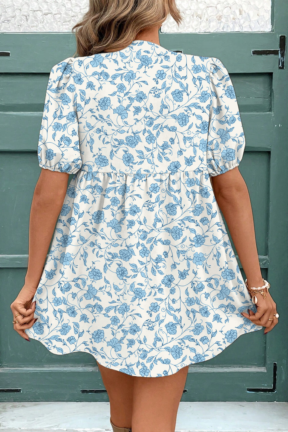 Floral Bow Puff Sleeve Mini Dress