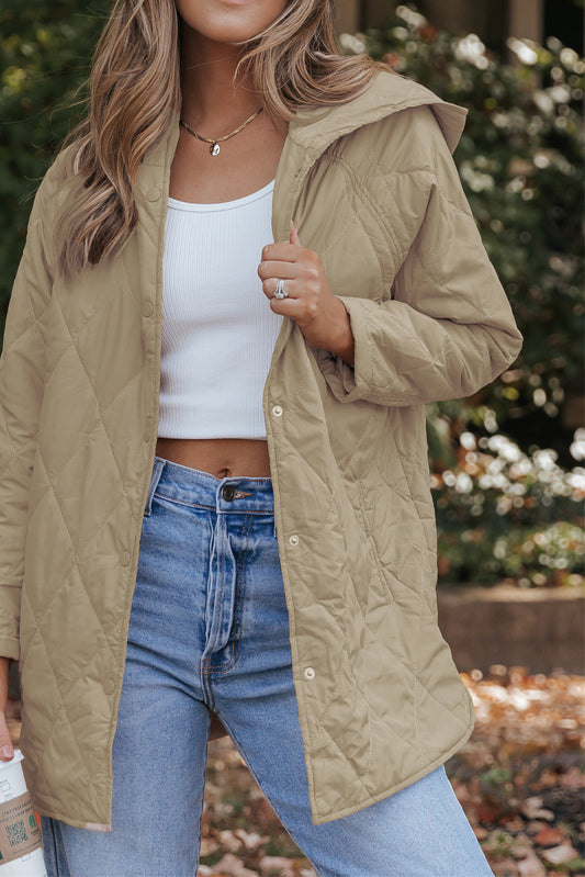 Solid Quilted Snap Button Hooded Puffer Coat