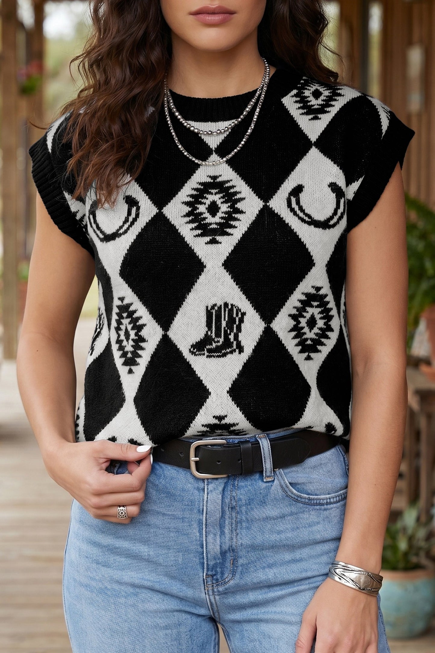 Western Retro Rhombus Short Sleeve Knit Top