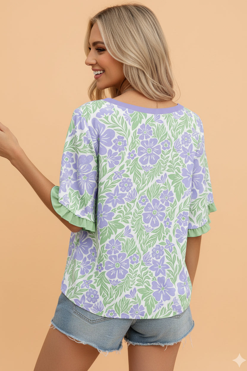 Floral Ruffle Colorblock Trim 3/4 Sleeve Blouse