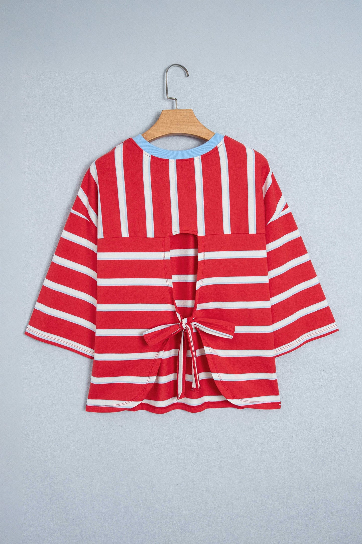 Stripe Bow Tie Hollow Back 3/4 Sleeve T-Shirt