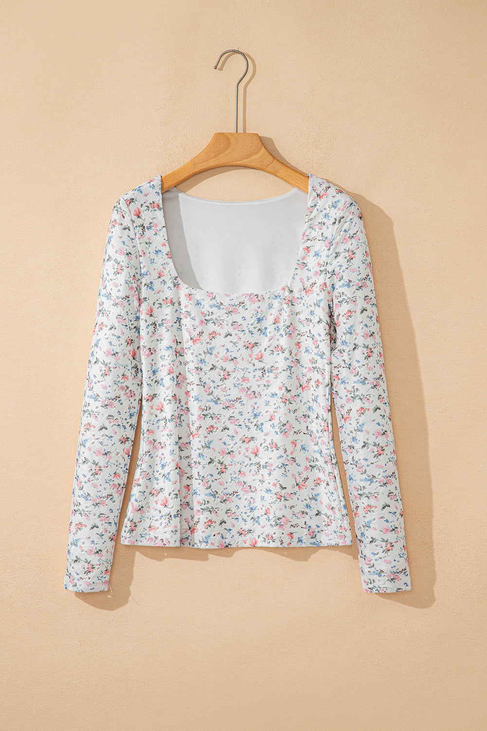 Floral Textured Square Neck Slim Fit Long Sleeve Top