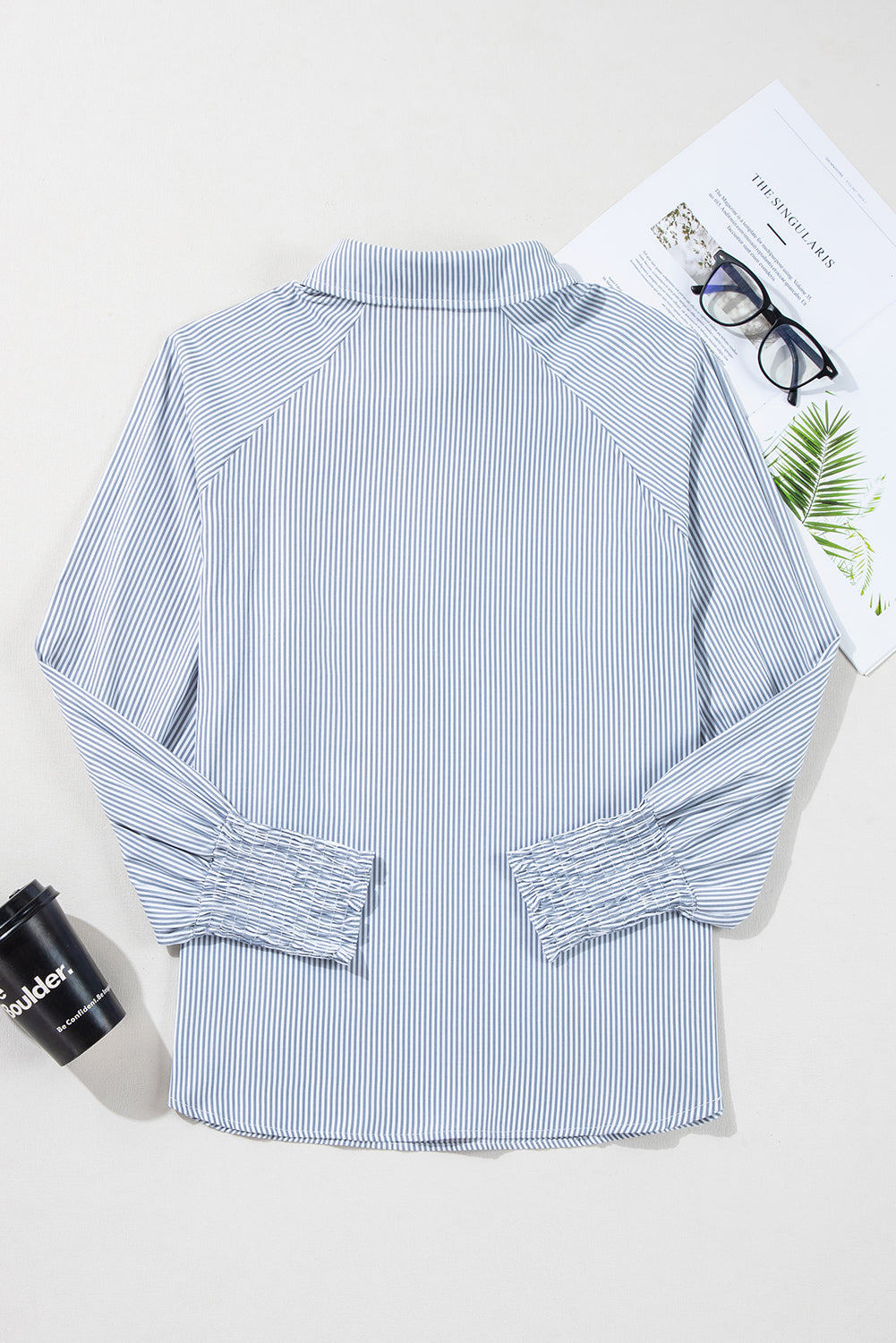 Stripe Buttoned Collar Smocked Long Sleeve Blouse