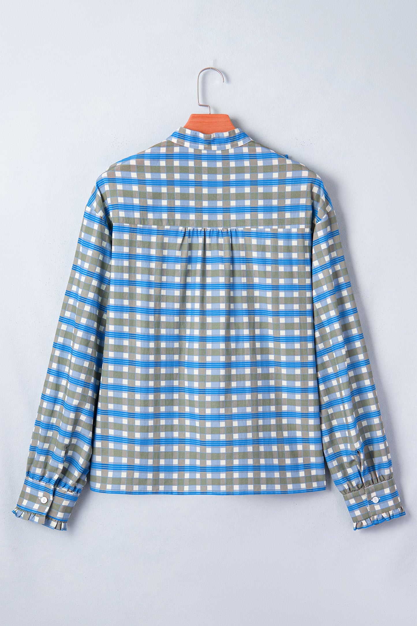 Gingham Plaid Long Sleeve Frilled Half Button Blouse