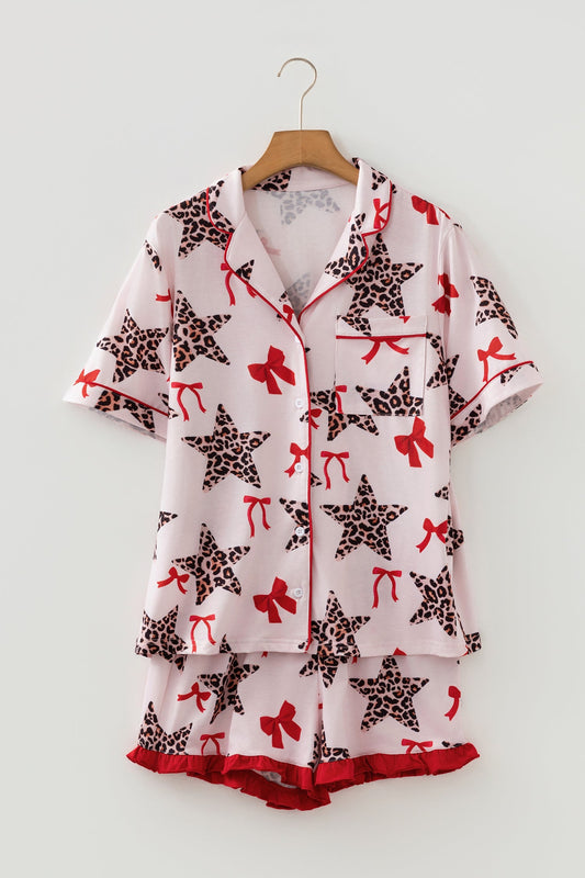 Leopard Star Bow Tie Top and Short Pajama Set