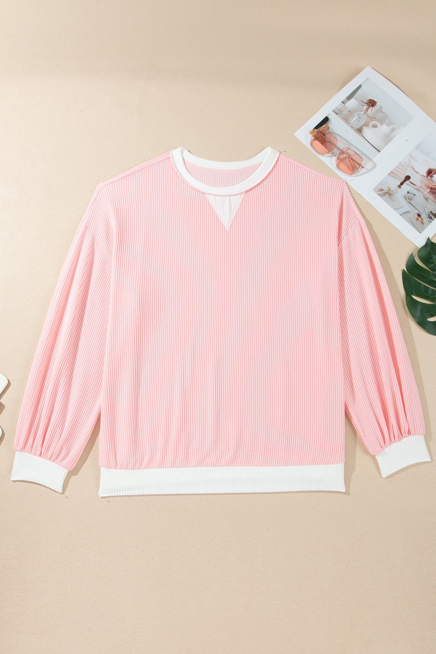 Plus Size Colorblock Ribbed Knit Long Sleeve Blouse