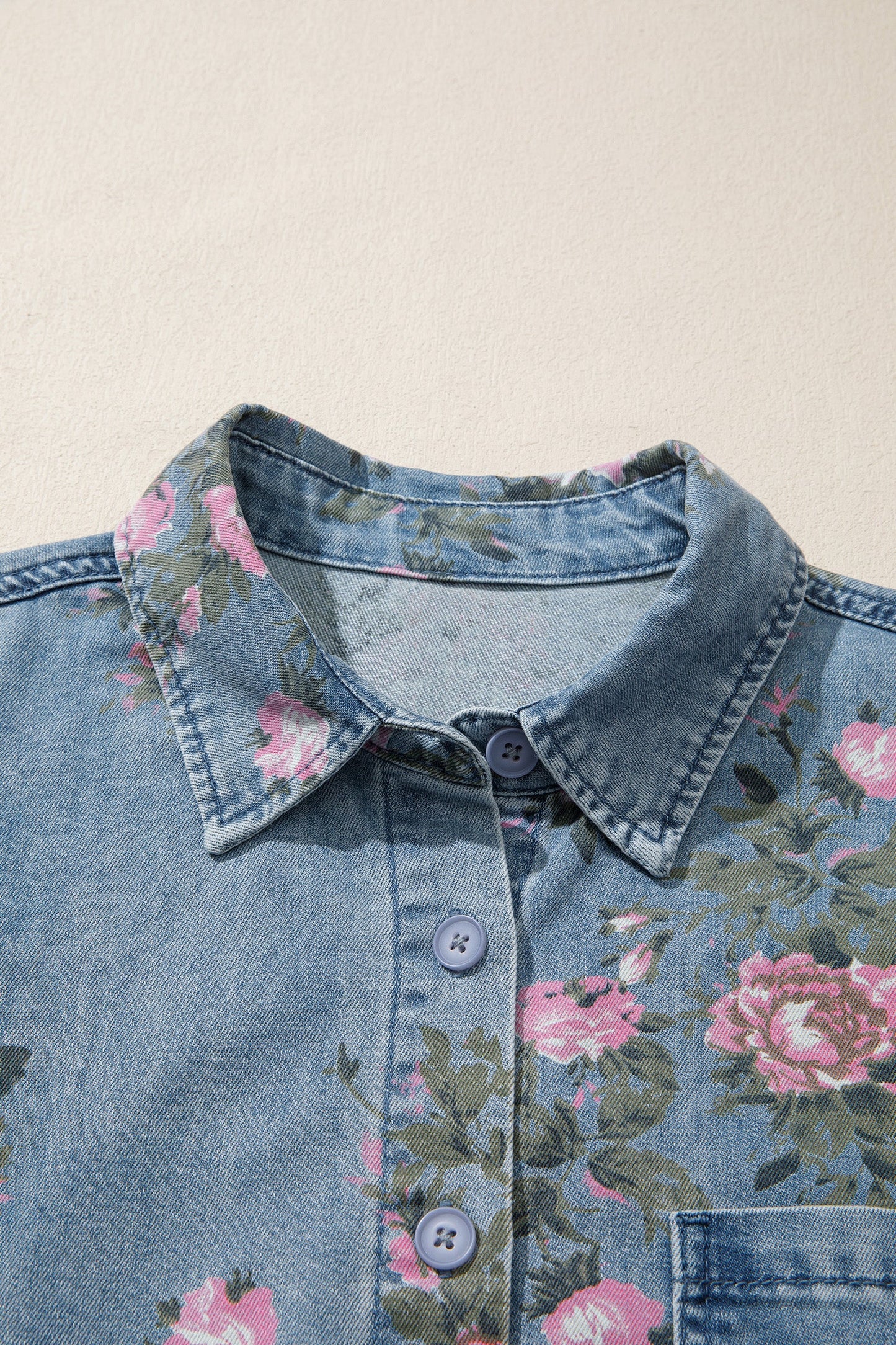 Floral Denim 3/4 Sleeve Buttoned Shirt