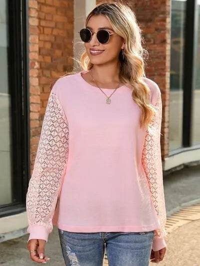 Full Size Round Neck Lace Long Sleeve T-Shirt Plus Size