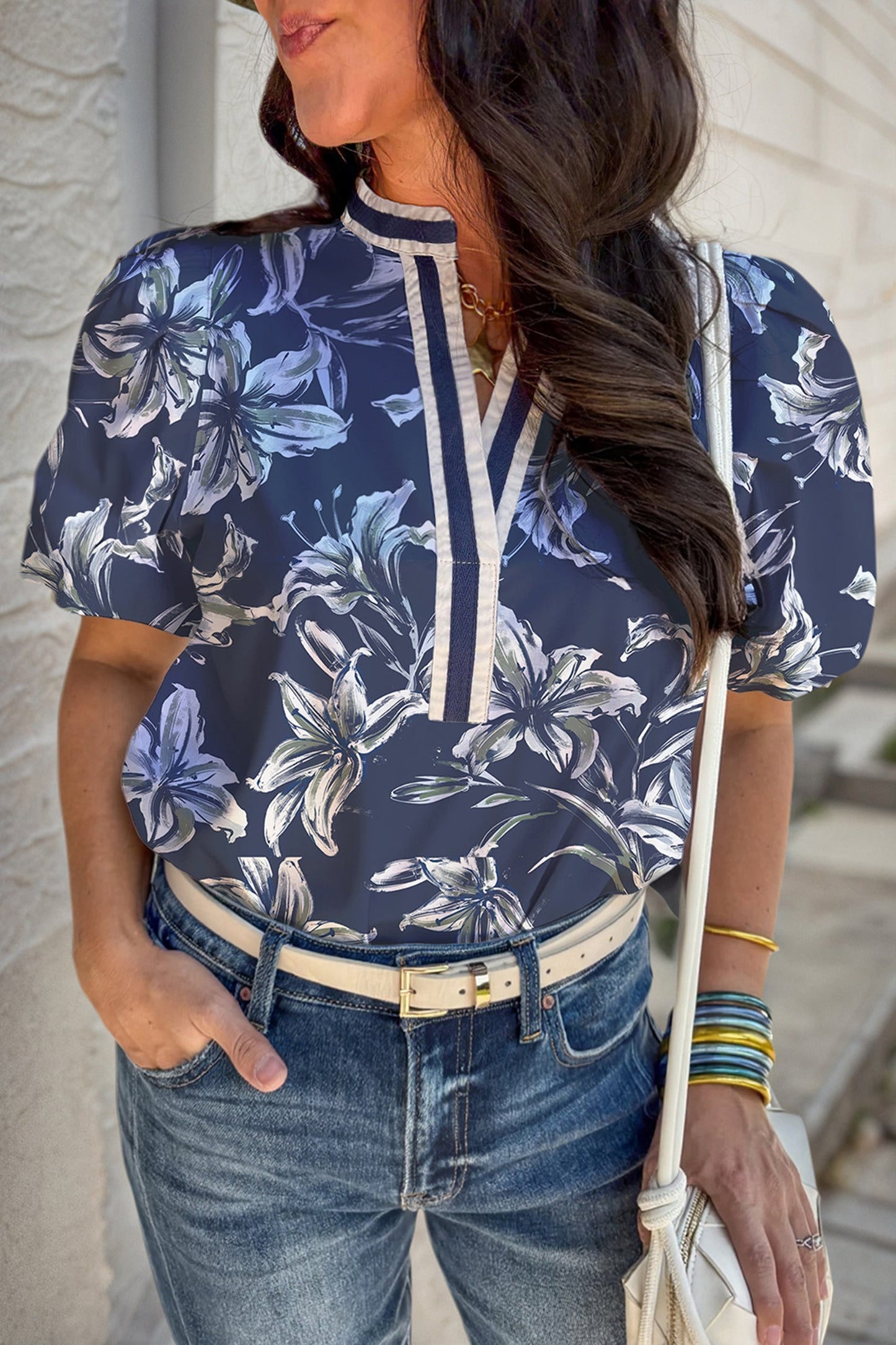 Floral Stripe Trim Puff Sleeve V-Neck Blouse