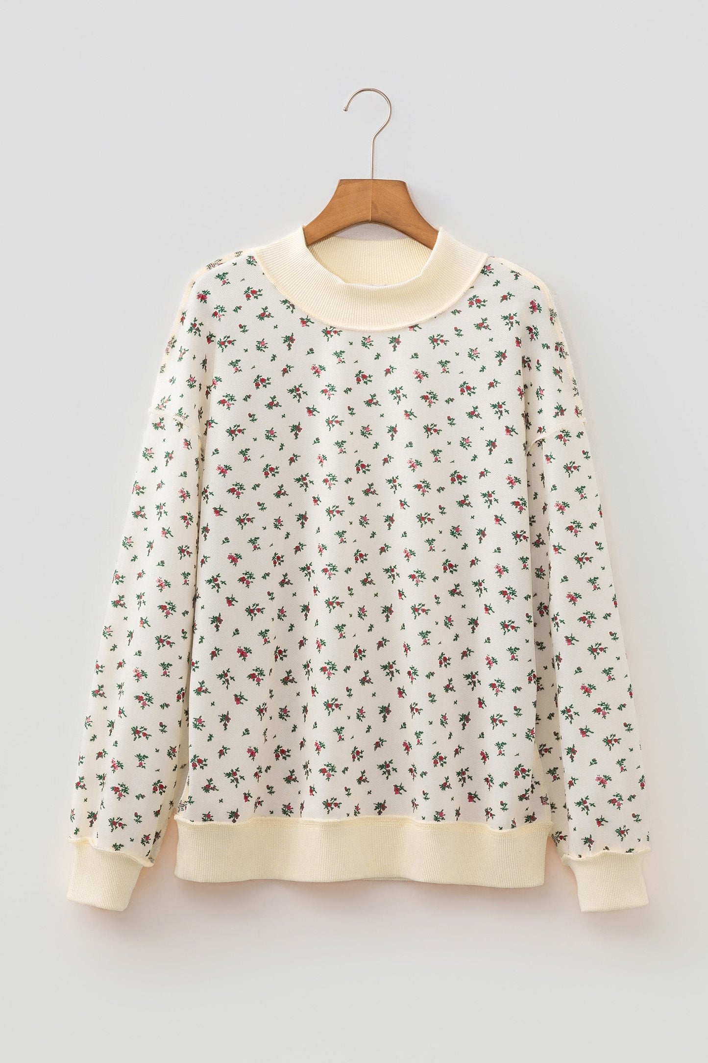 Floral Ribbed High Neck Exposed Hem Baggy Sweatshirt