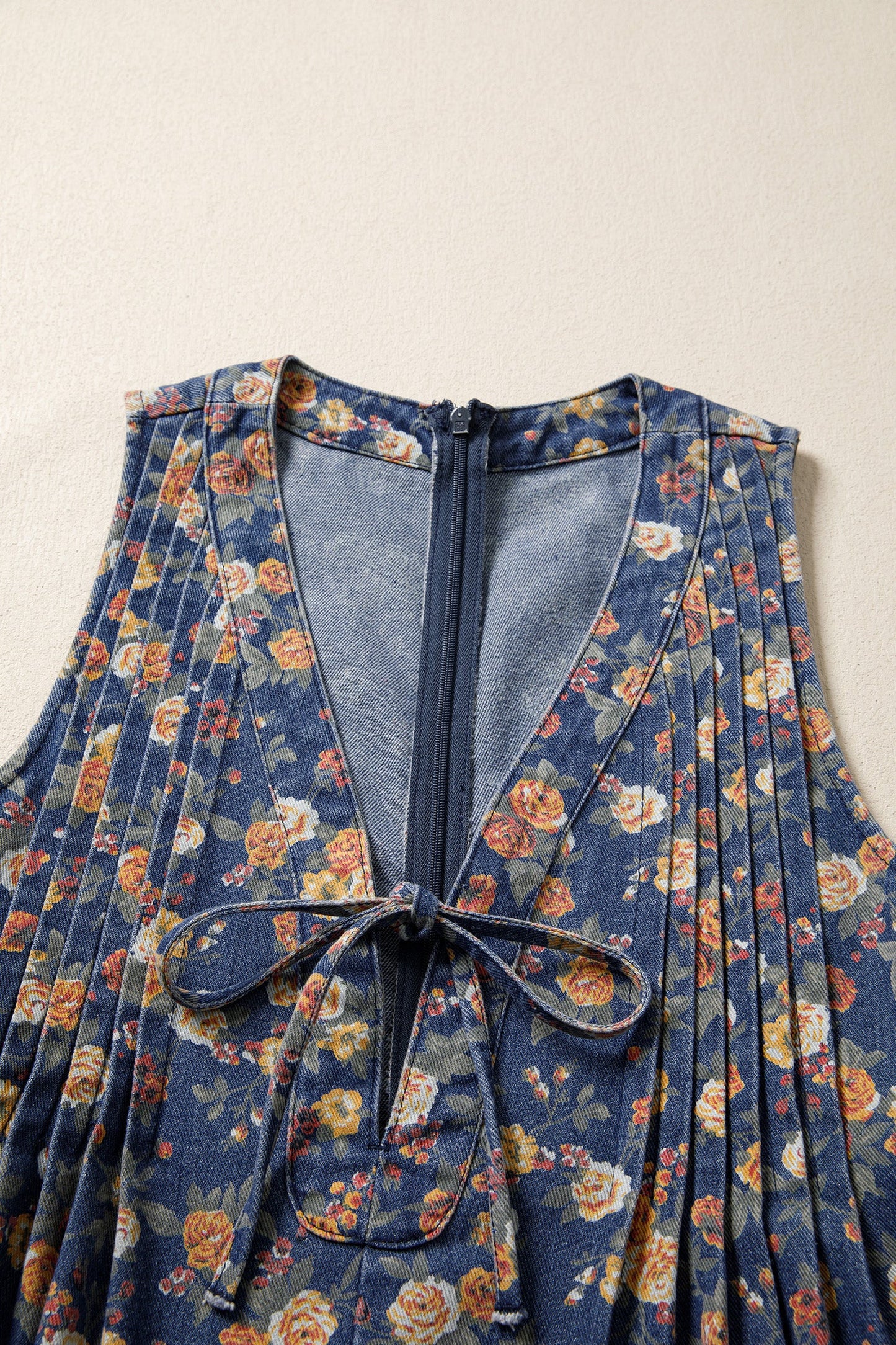 Floral Denim Bow Tie V-Neck Romper