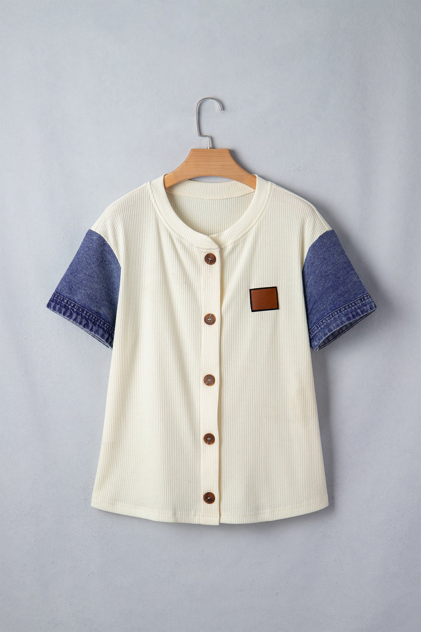 Denim Ribbed Patchwork Short Sleeve Buttoned Shirt