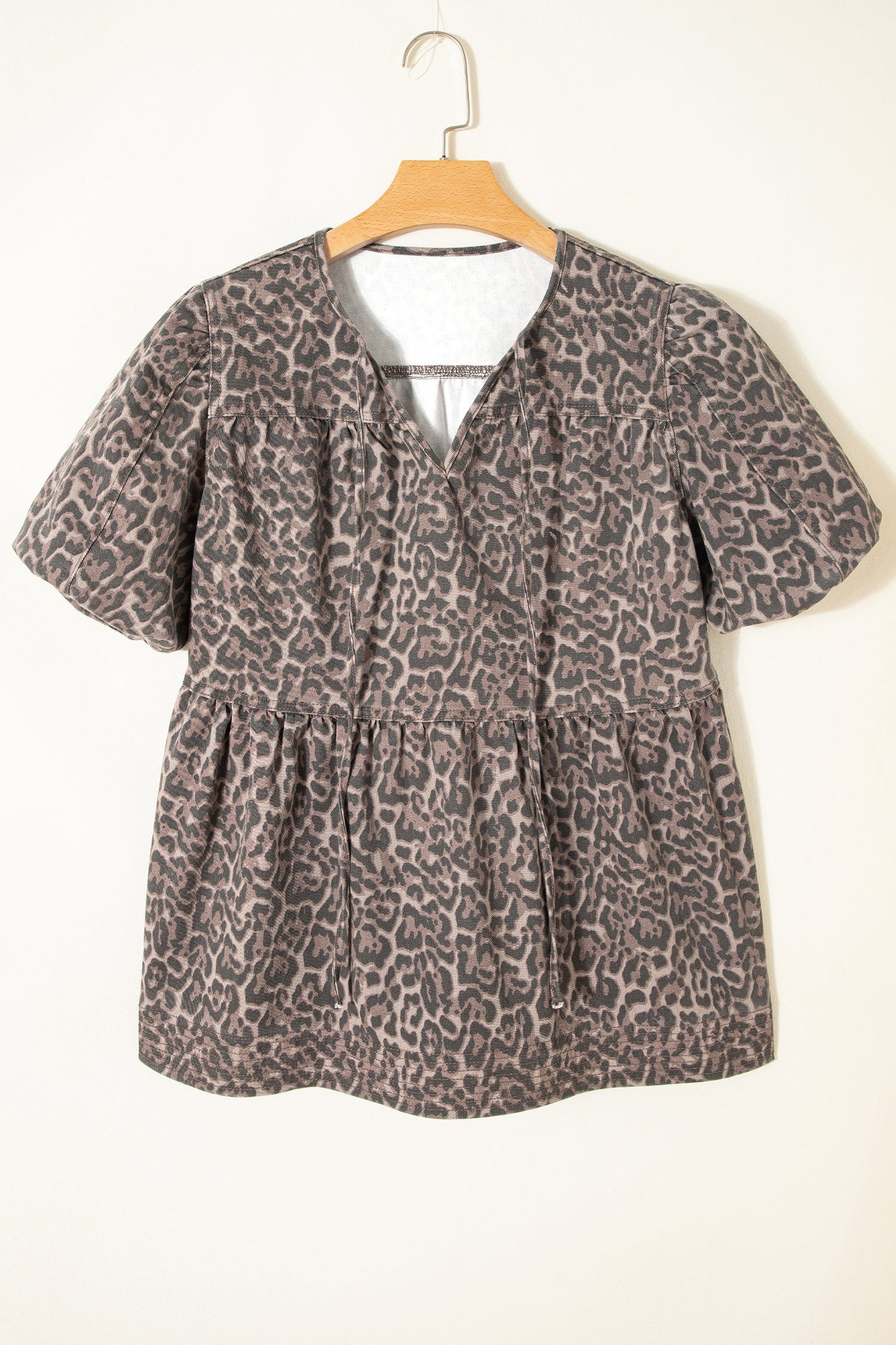 Leopard Denim Tie Neck Puff Sleeve Babydoll Top