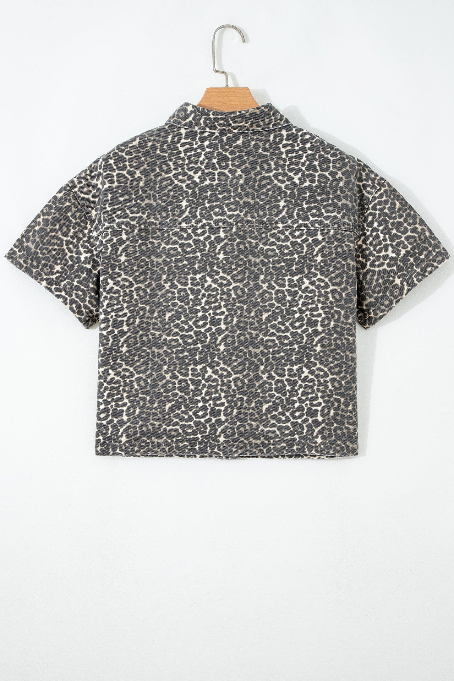 Leopard Denim Short Sleeve Button Up Cropped Shirt