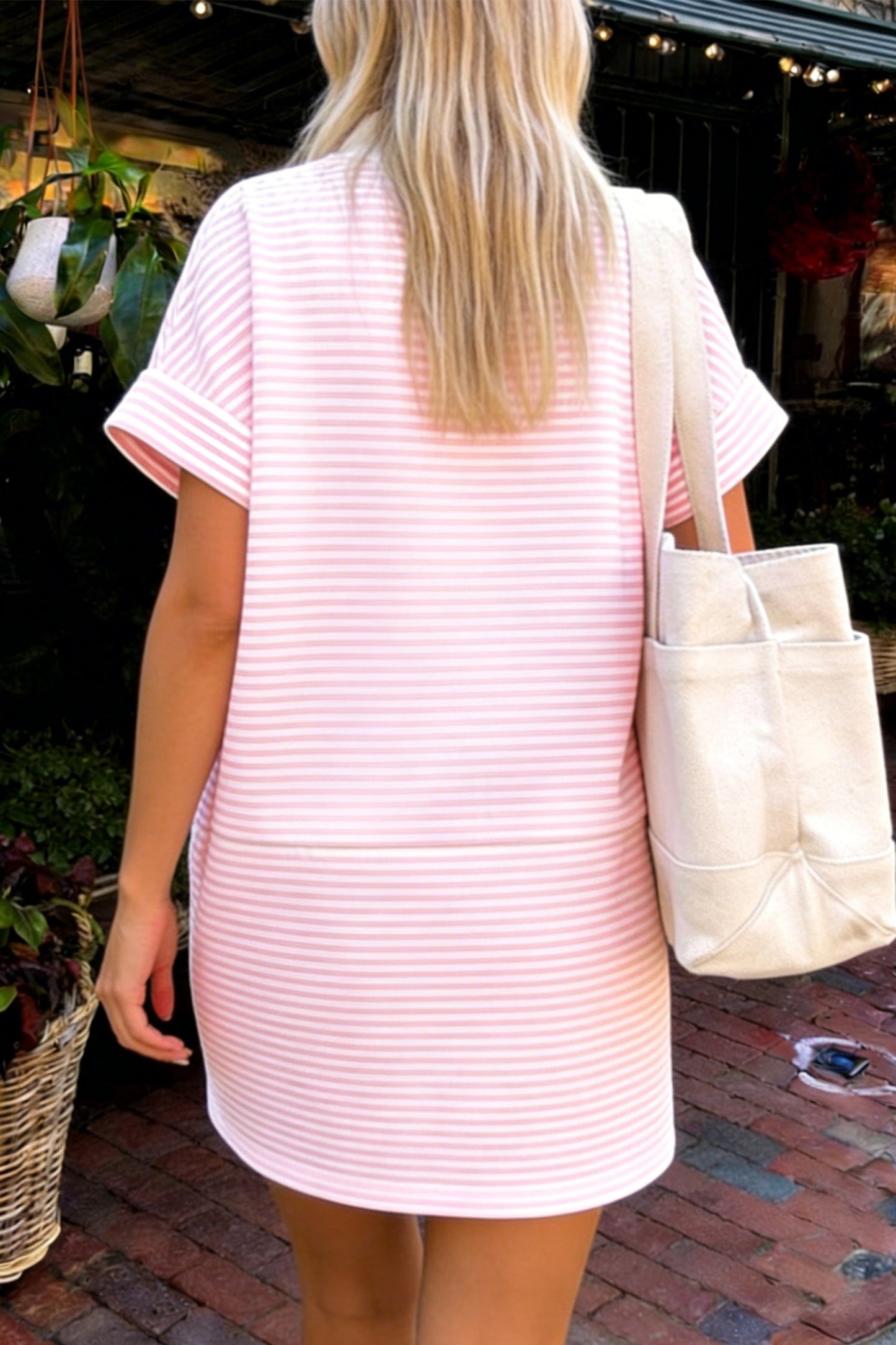 Stripe Mock Neck Cuffed Sleeve Tee Dress