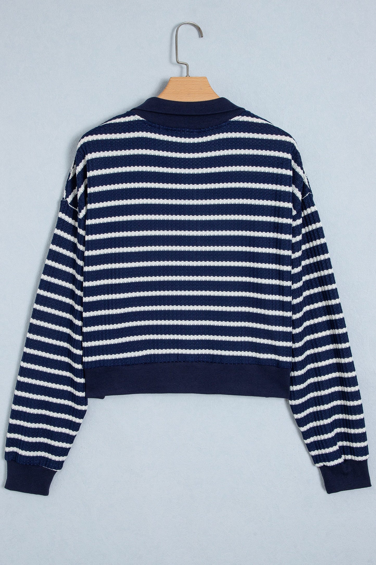 Stripe Half Zip Collared Long Sleeve Textured Knit Top