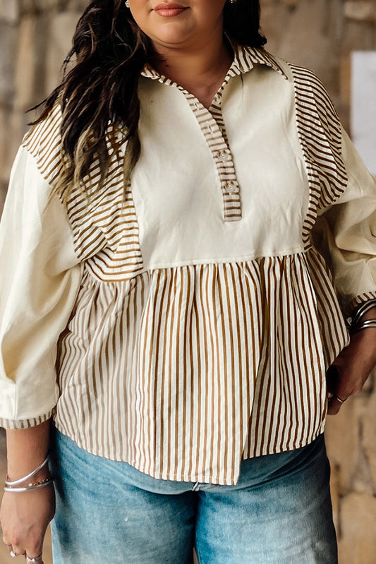 Plus Size Stripe Colorblock Patchwork Half-Button Blouse