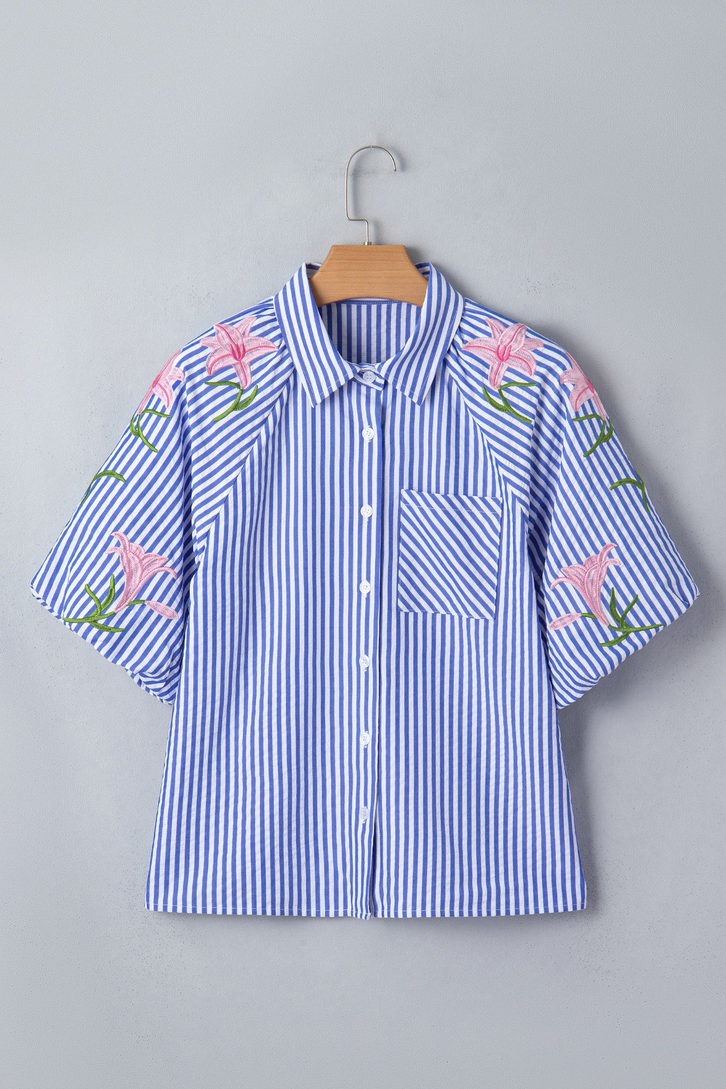 Stripe Floral Lily Embroidered Puff Sleeve Shirt