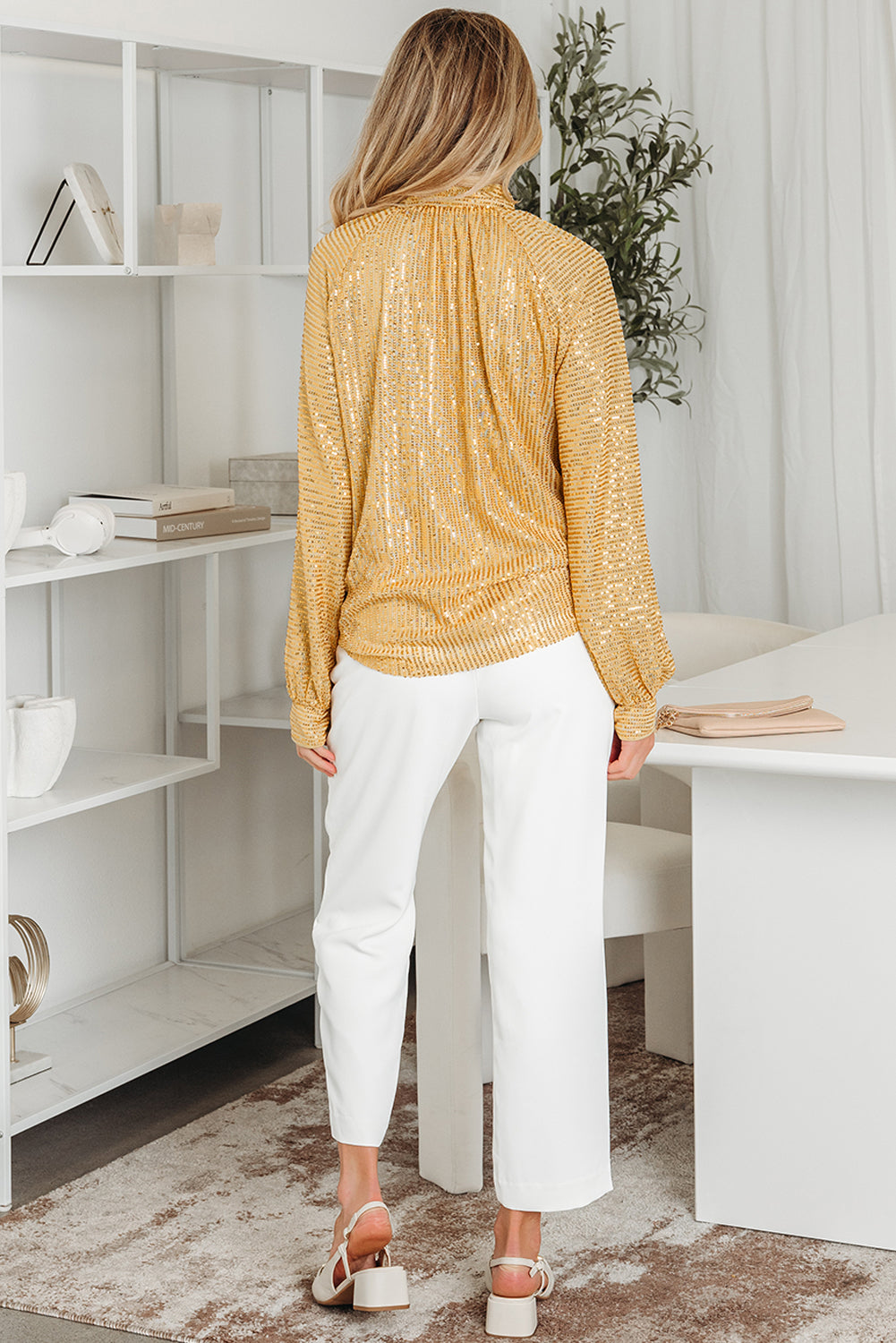 Solid Metallic Sequin Balloon Sleeve Blouse