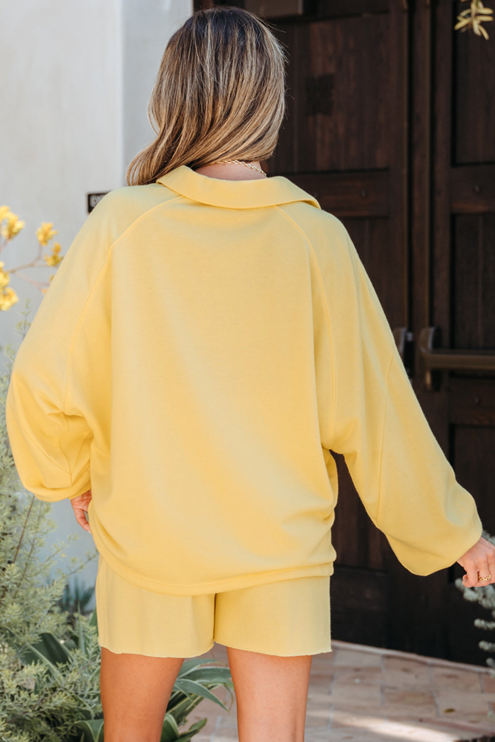 Solid Buttoned Collar Pullover & Shorts Set
