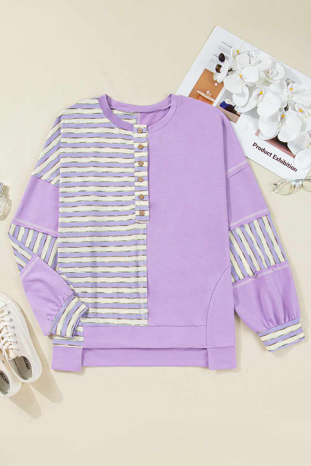 Plus Size Stripe Patchwork Buttoned Drop Shoulder Pullover