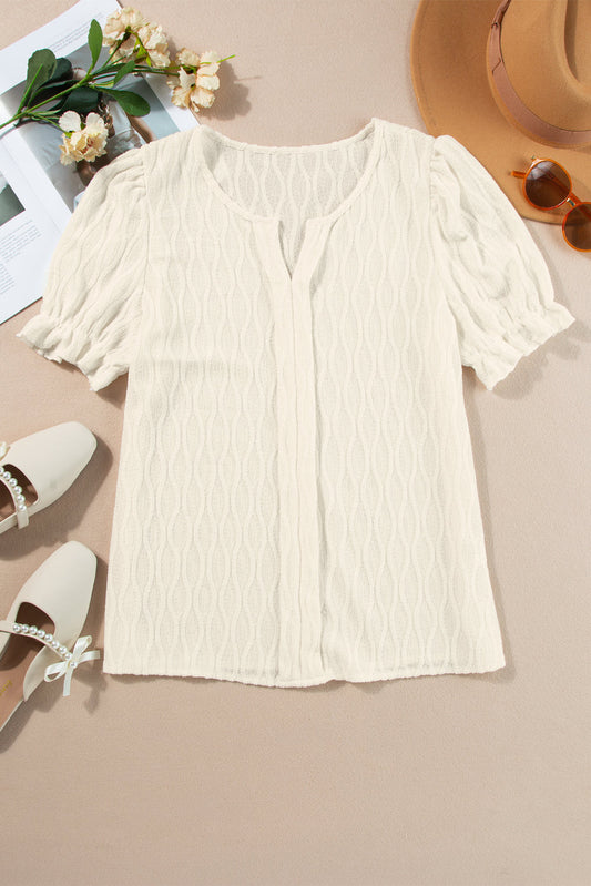 Solid Textured Notch Neck Puff Sleeve Blouse
