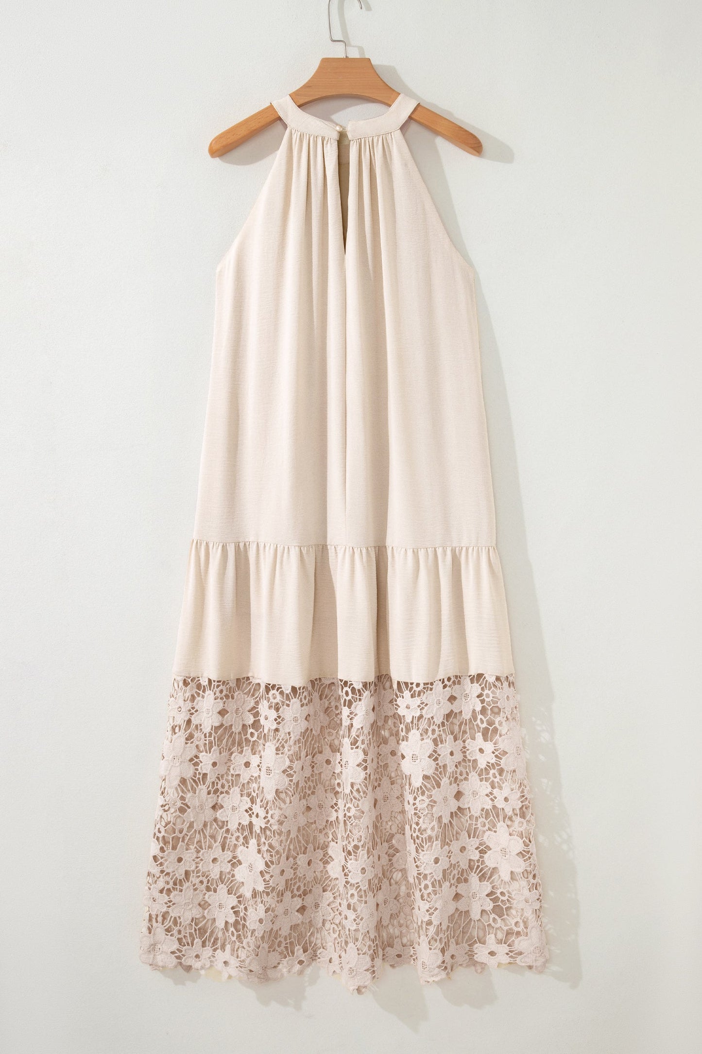 Floral Sheer Lace Patchwork Halter Maxi Dress