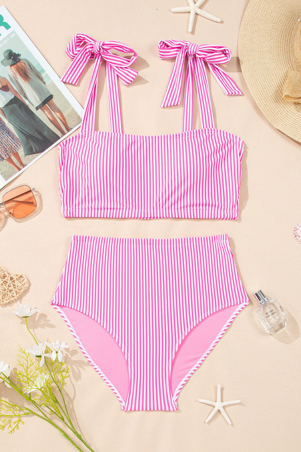 Stripe Knot Strap High Waist Bikini Swimsuit