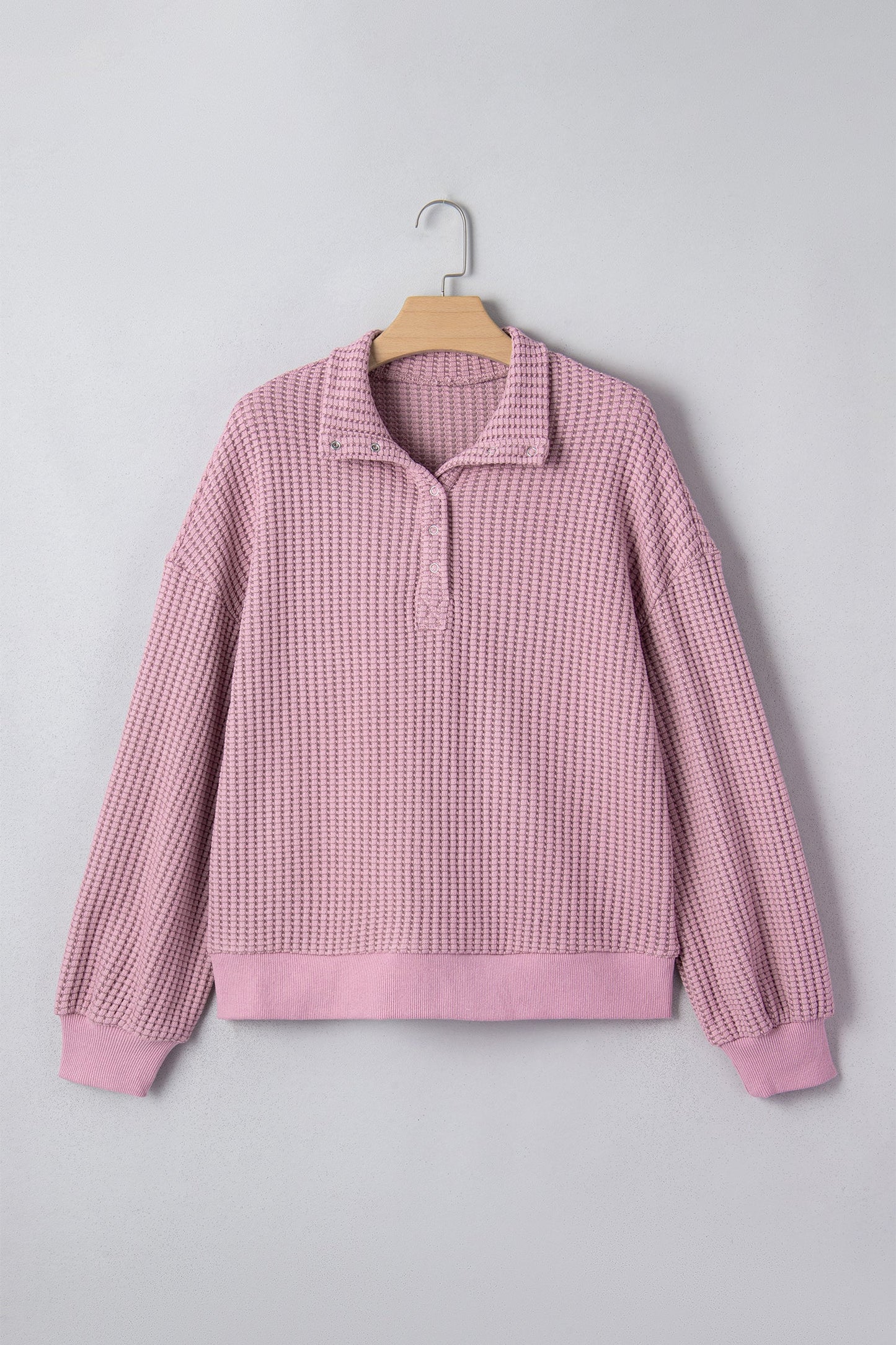 Solid Textured Knit Snap Button Collar Top