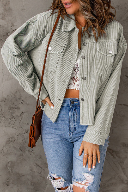 Solid Corduroy Raw Hem Cropped Jacket