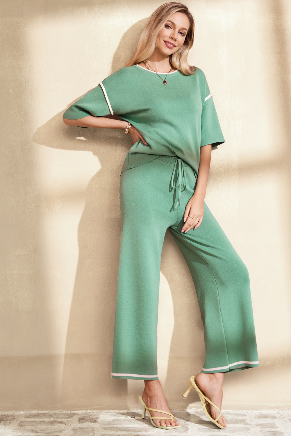Colorblock 3/4 Sleeve Top and Drawstring Pants Set