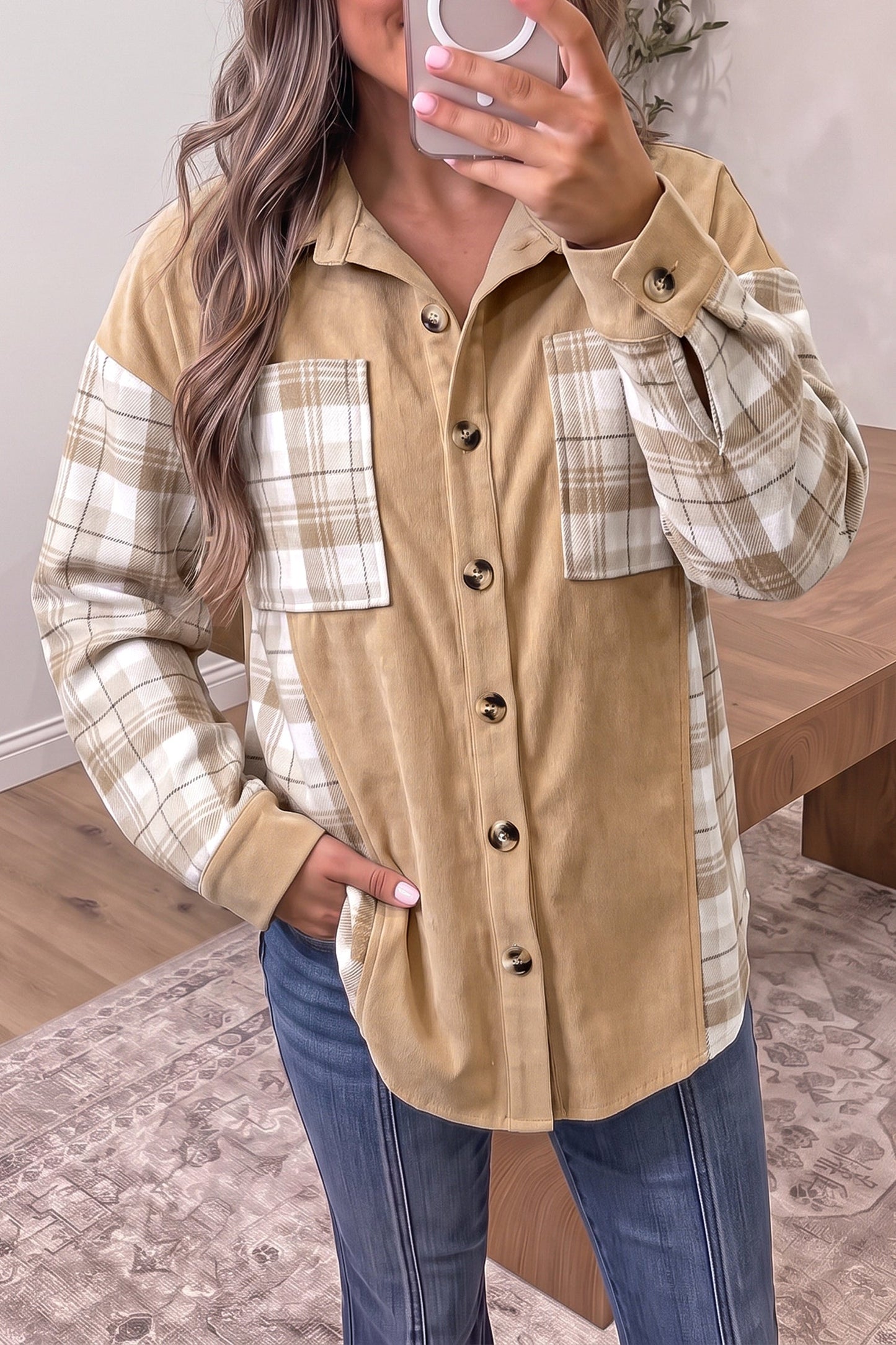 Plaid Colorblock Patch Pocket Buttoned Shacket